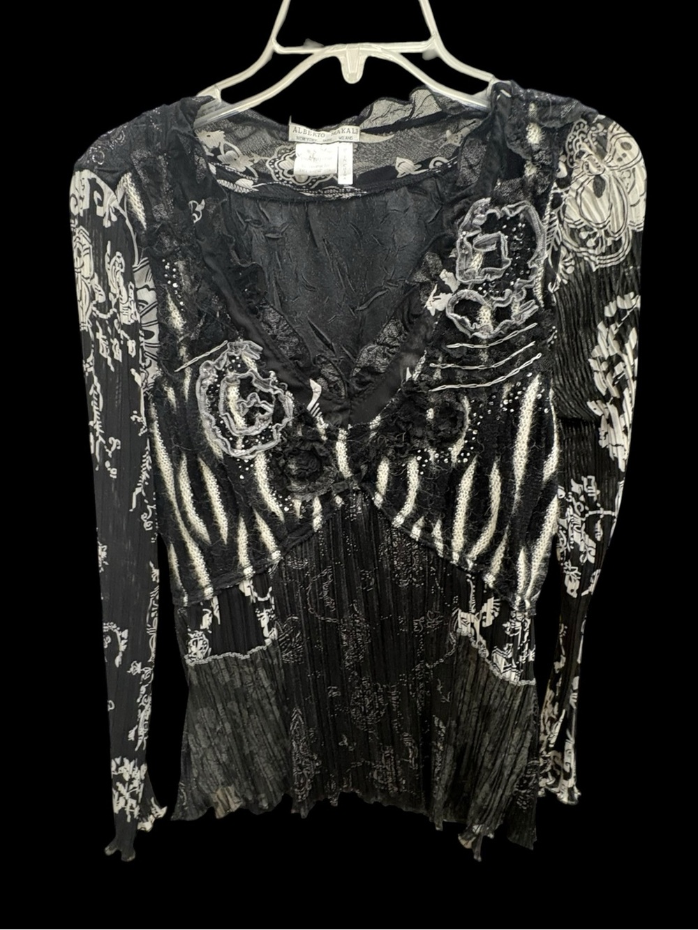 Alberto Makali Black White Mixed Print Ruffle Blouse Y2K Size S